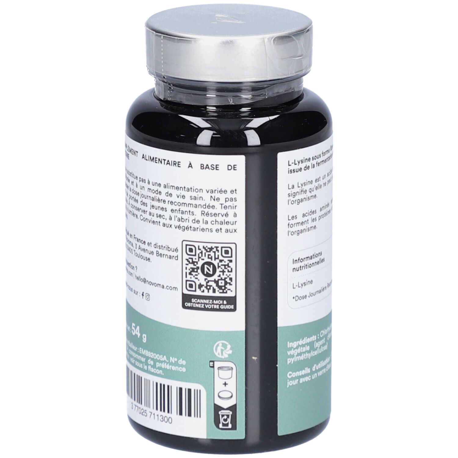 Dos du flacon noir NOVOMA L-LYSINE. Texte: complément alimentaire, code QR, 54 g, 3 702571 1300.