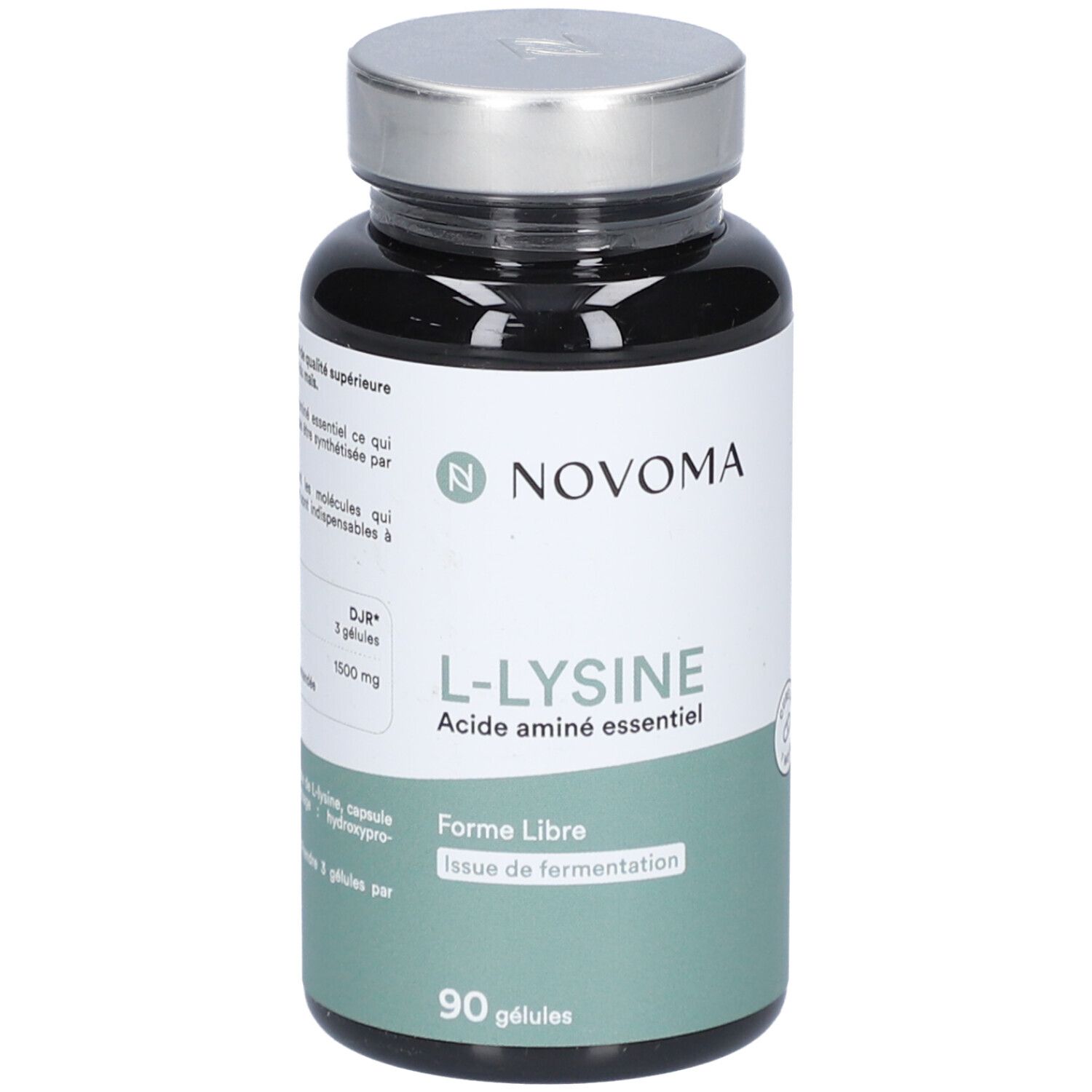 Flacon noir NOVOMA L-LYSINE. Inscription: L-LYSINE, acide aminé essentiel, 90 gélules. Fond vert et blanc.
