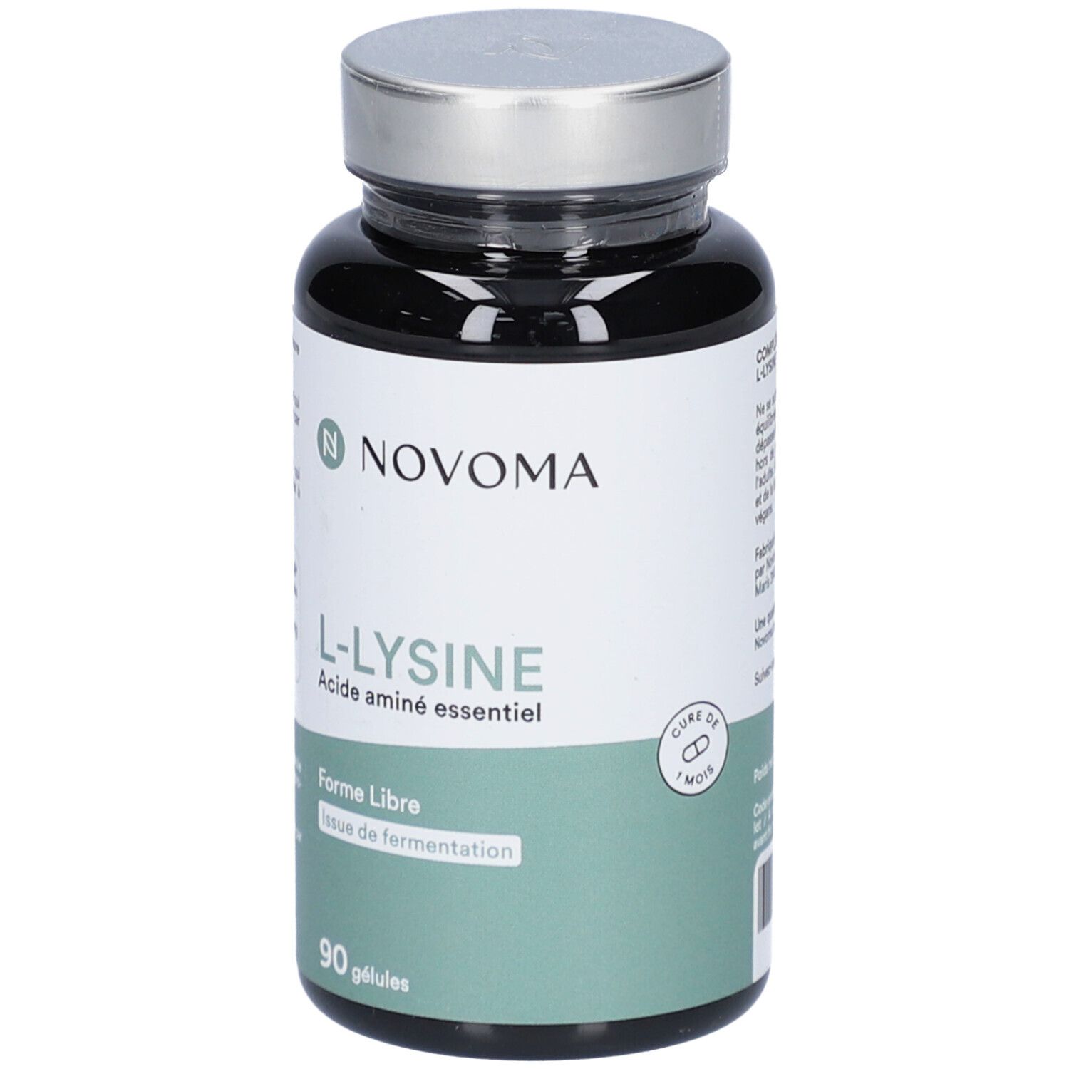 Flacon noir NOVOMA L-LYSINE. Inscription: L-LYSINE, acide aminé essentiel, 90 gélules. Fond vert et blanc.