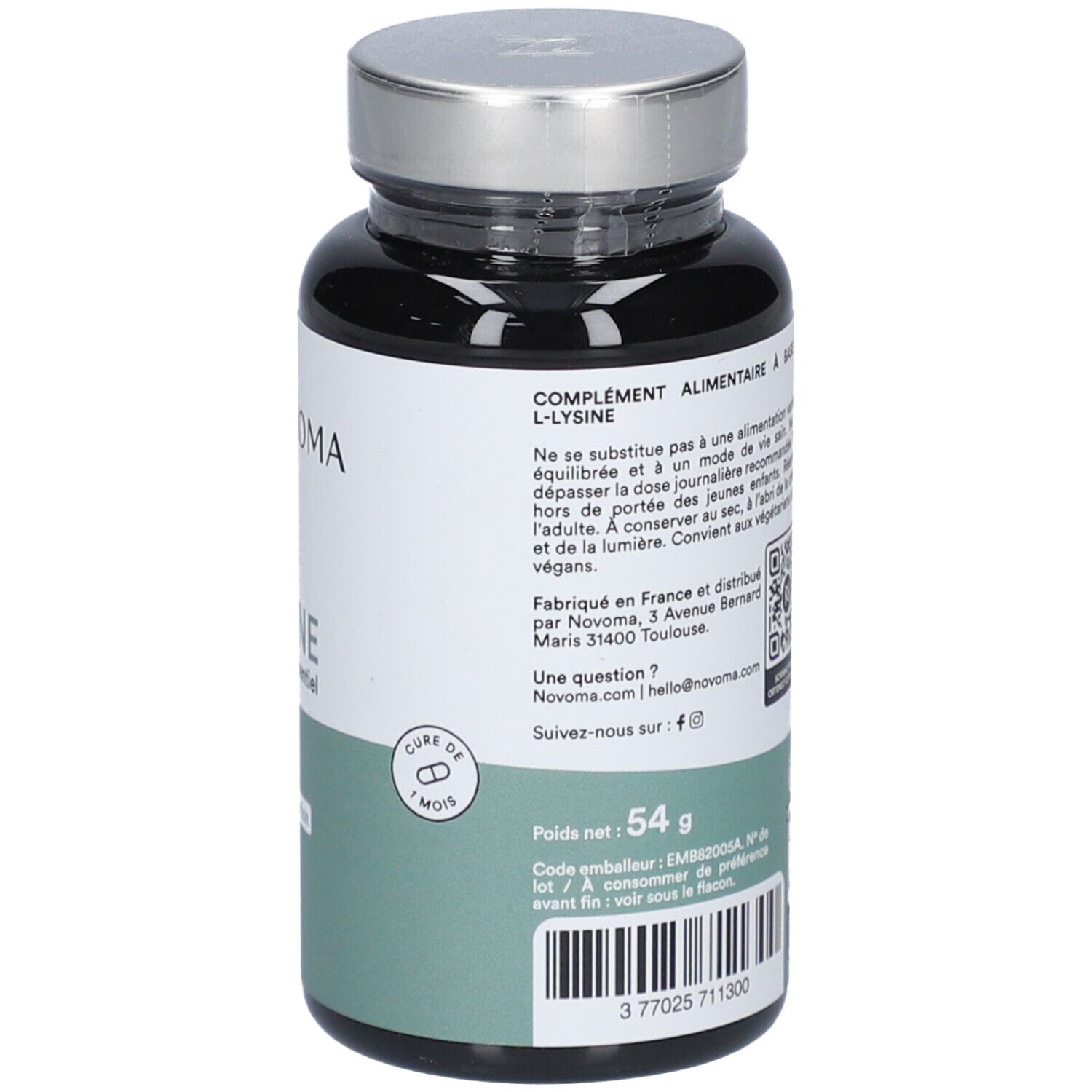 Dos du flacon noir NOVOMA L-LYSINE. Texte: complément alimentaire, 54 g, code emballage, 3 702571 1300.