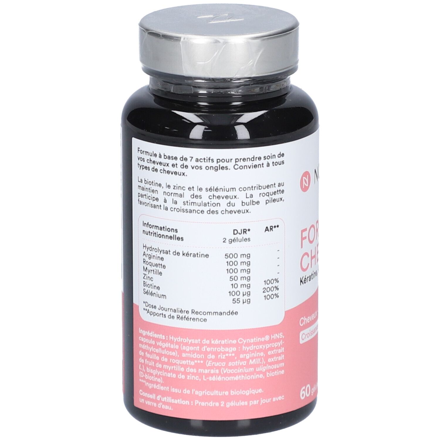 Dos du flacon avec informations produit, ingrédients et informations nutritionnelles.