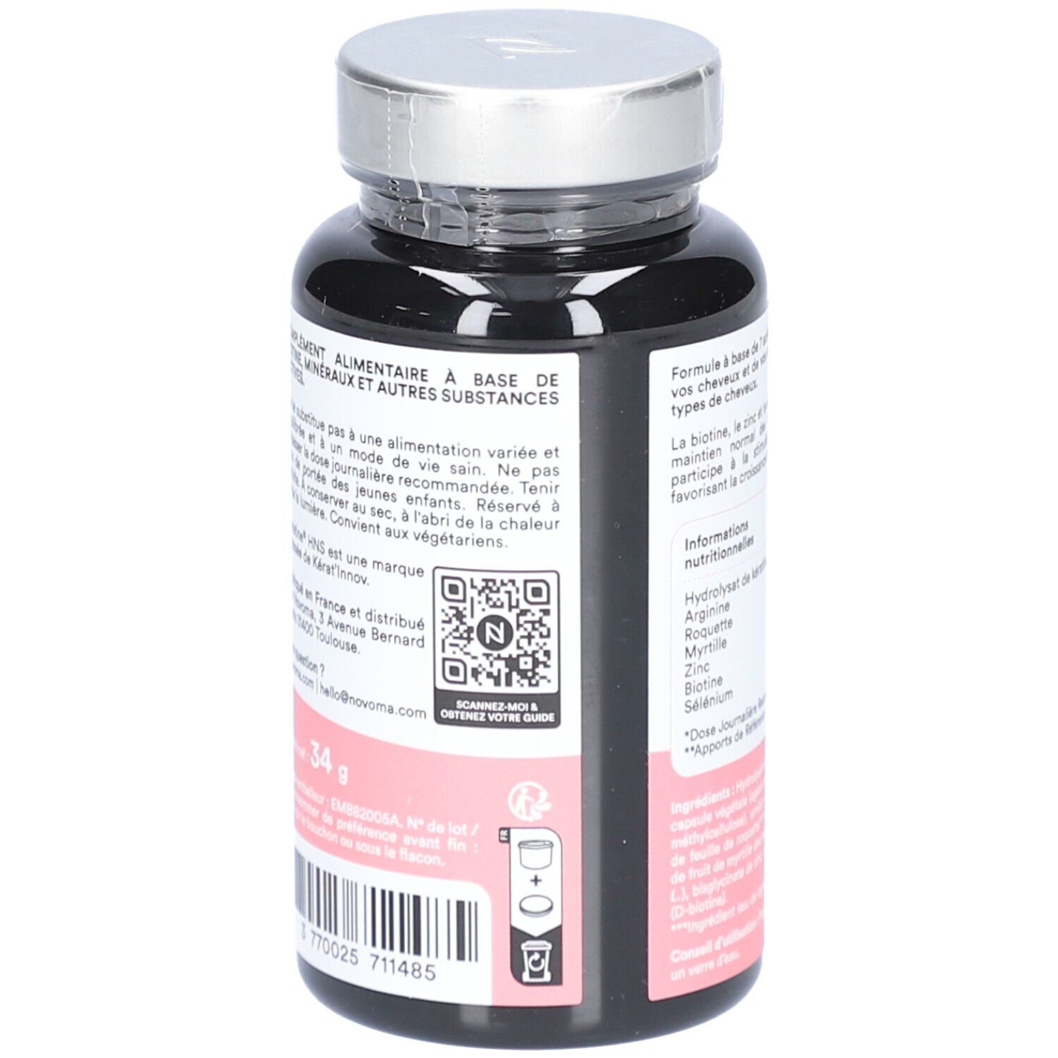 Dos du flacon avec informations produit, code QR et symboles de recyclage.