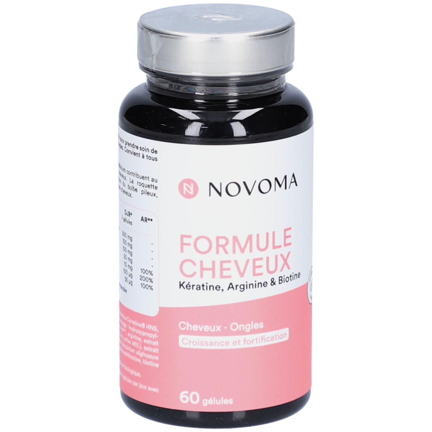 Flacon noir avec gélules. Étiquette avec nom du produit, ingrédients et 60 gélules.
