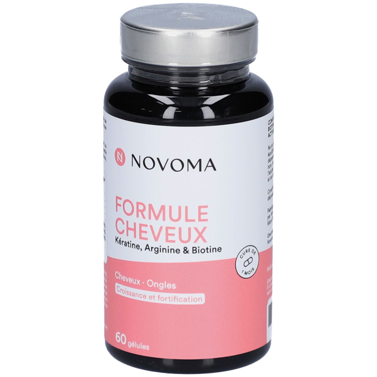 Flacon noir avec gélules. Étiquette avec nom du produit, ingrédients et 60 gélules. Symbole cure.
