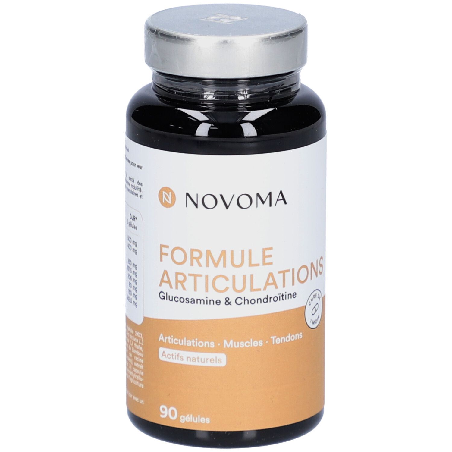 Flacon brun de gélules. Inscription: NOVOMA FORMULE ARTICULATIONS. 90 gélules. Glucosamine & Chondroïtine.