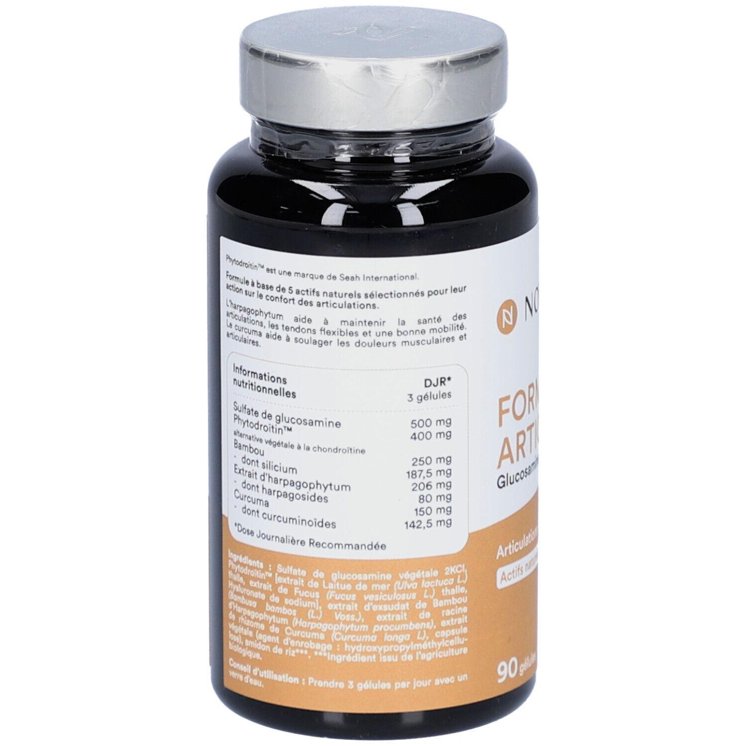 Dos du flacon brun. Texte avec informations nutritionnelles et ingrédients. NOVOMA FORMULE ARTICULATIONS. 90 gélules.
