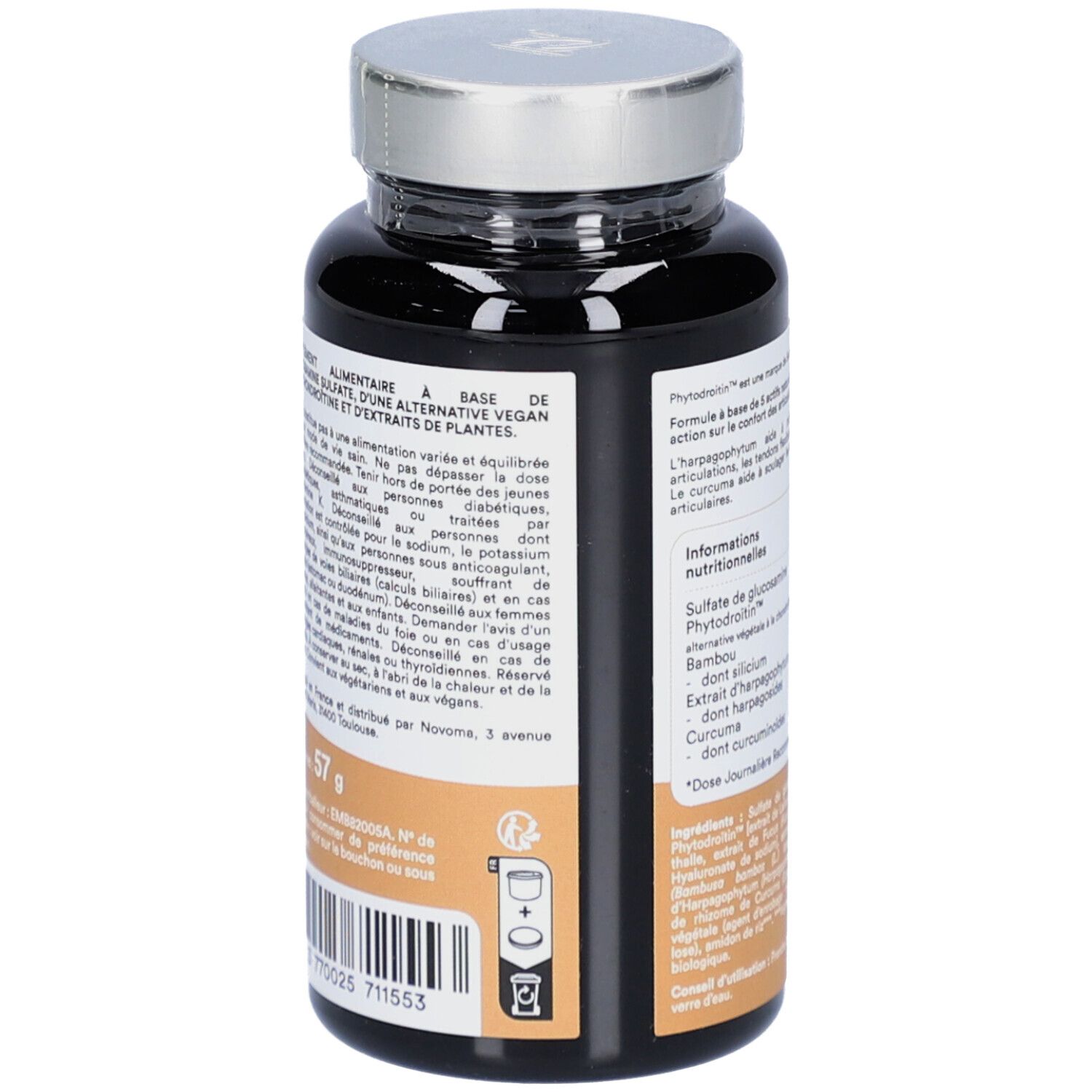 Dos du flacon brun. Texte avec avertissements et ingrédients. NOVOMA FORMULE ARTICULATIONS. 90 gélules.