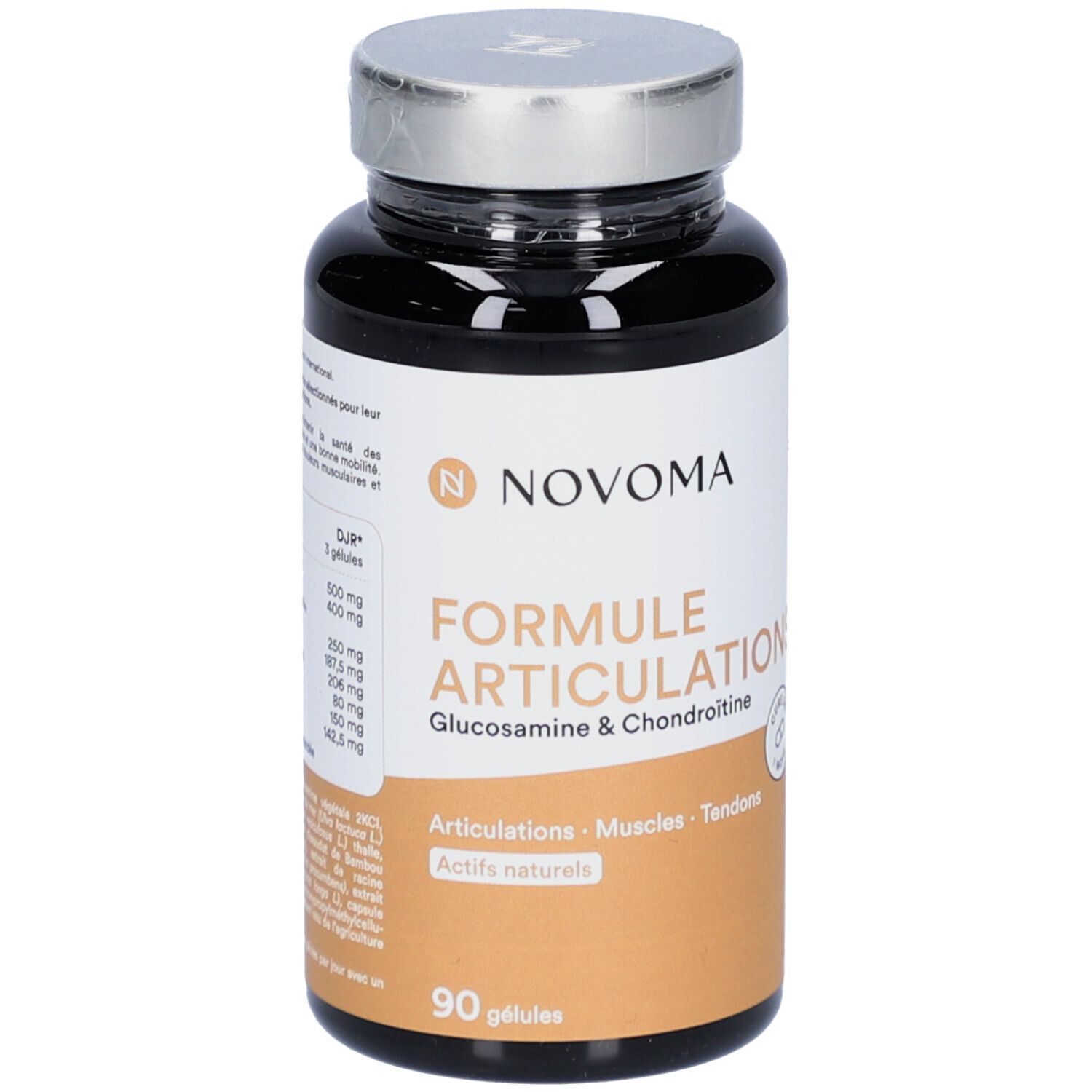 Flacon brun de gélules. Inscription: NOVOMA FORMULE ARTICULATIONS. 90 gélules. Glucosamine & Chondroïtine.