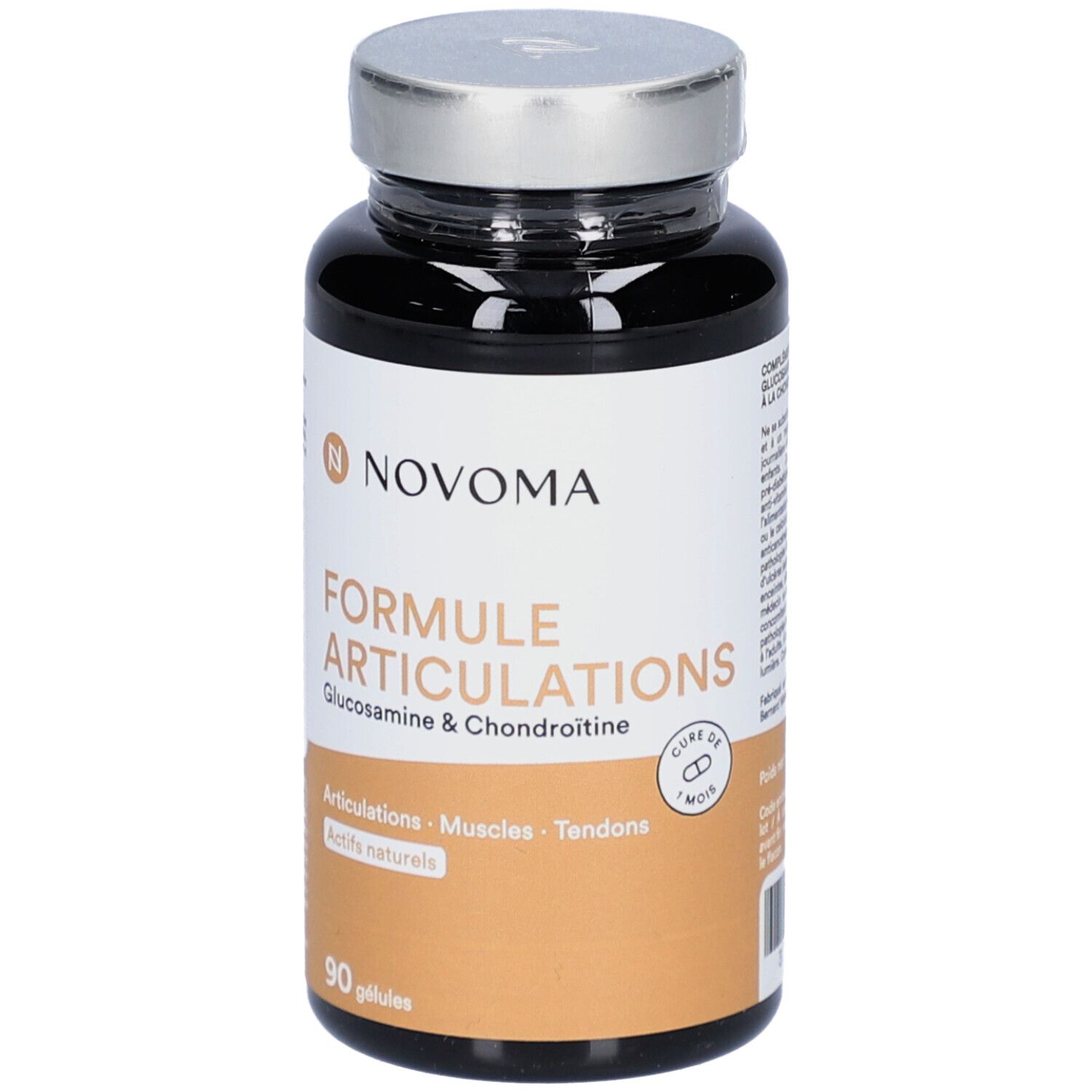Flacon brun de gélules. Inscription: NOVOMA FORMULE ARTICULATIONS. 90 gélules. Glucosamine & Chondroïtine. Cure de 1 mois.
