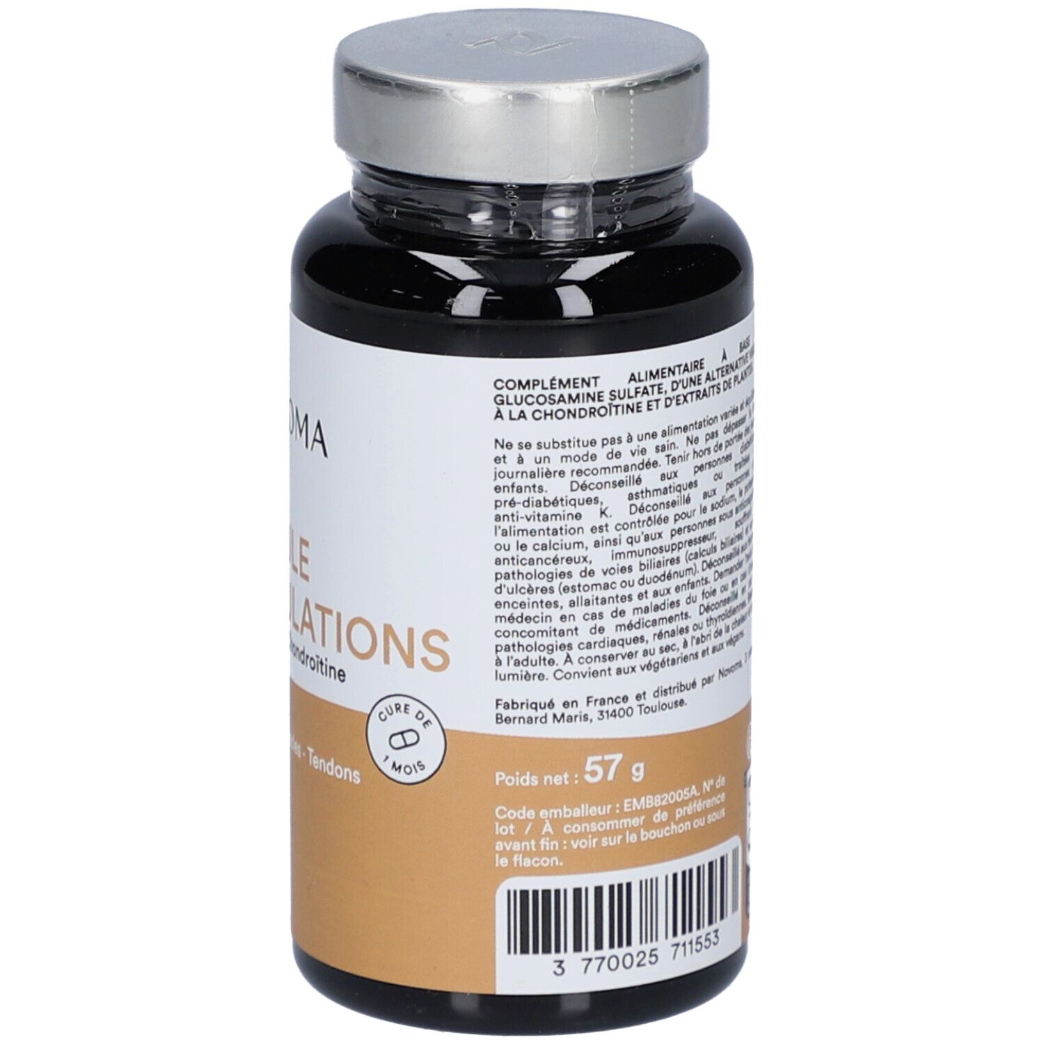 Dos du flacon brun. Texte avec informations et ingrédients. NOVOMA FORMULE ARTICULATIONS. 90 gélules. Cure de 1 mois.