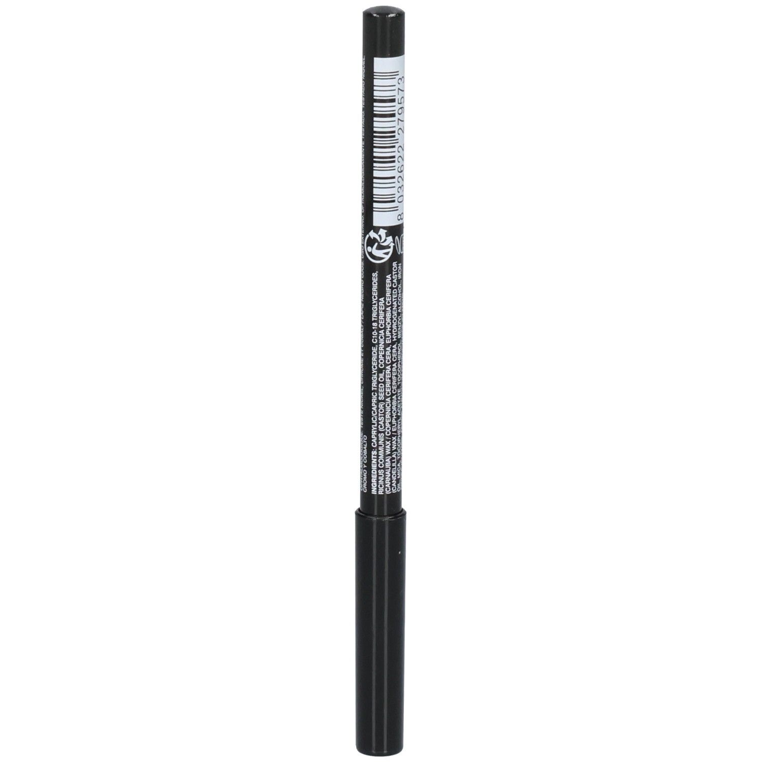Crayon eye-liner noir avec inscriptions et code-barres.