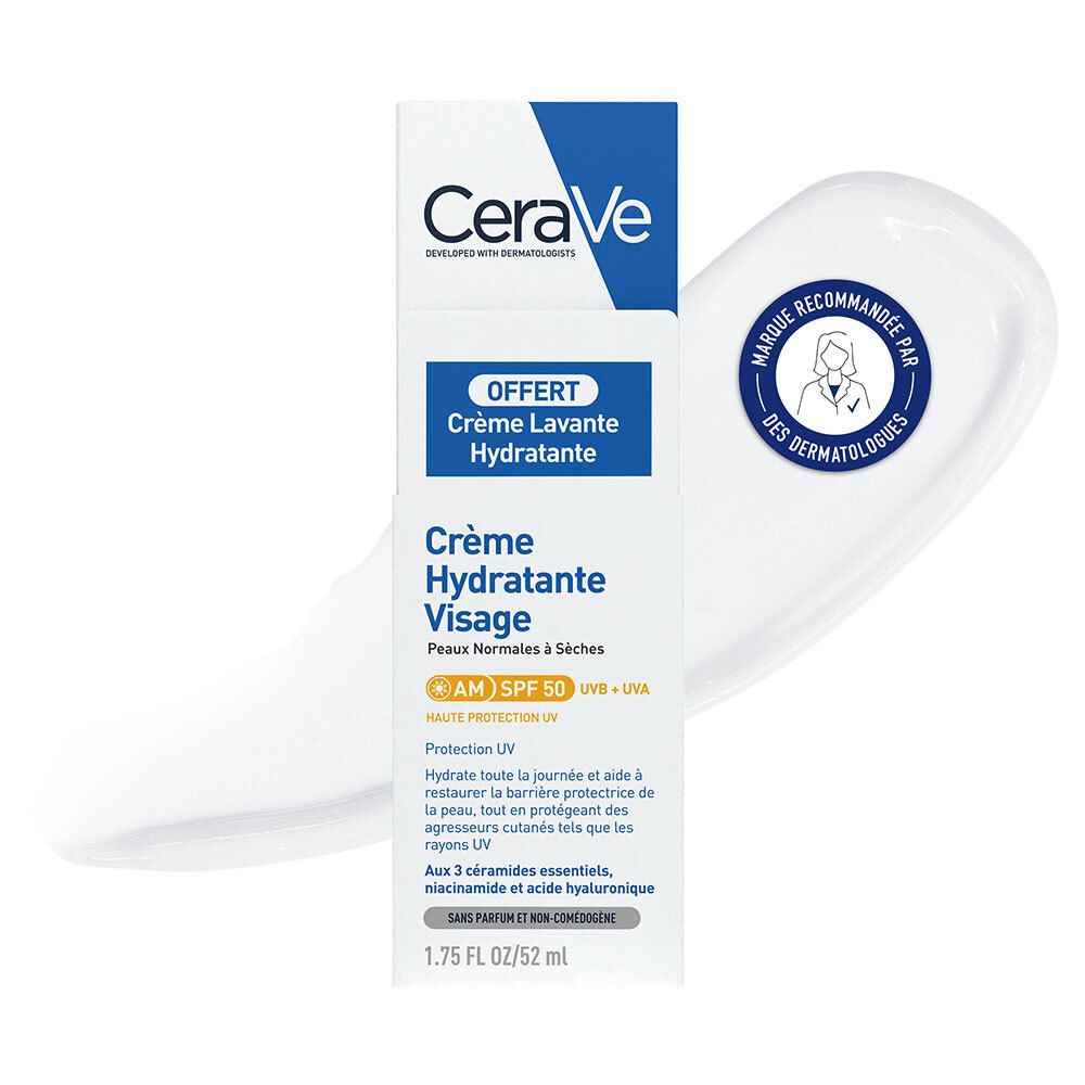 CeraVe Crème Hydratante Visage SPF50 + Crème Lavante Hydratante Offerte