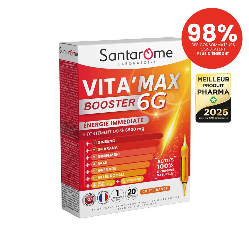 Boîte Santarome Vita'Max Booster 6G. Contient 20 ampoules. Label "Meilleur Produit Pharma 2026".