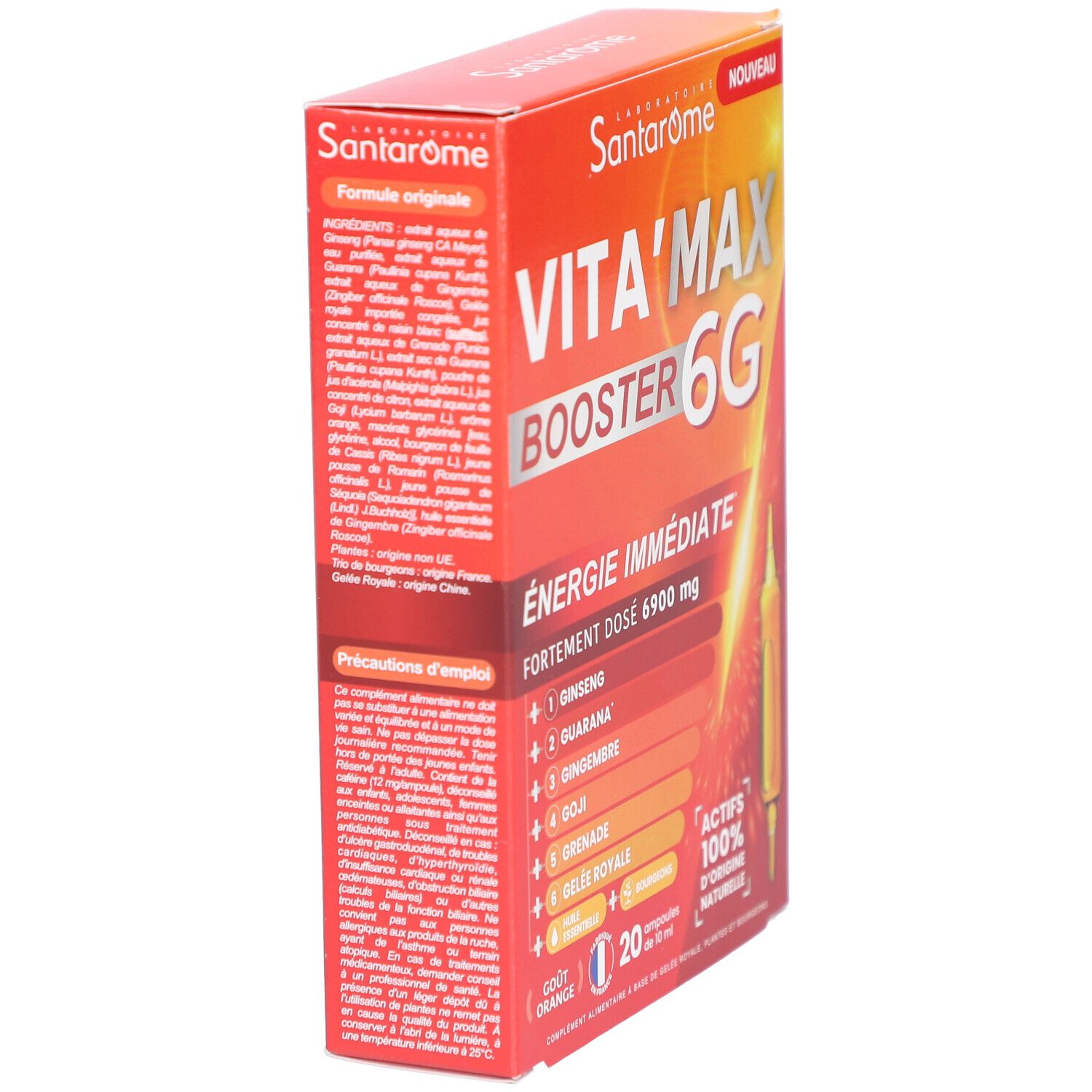 Boîte rouge Vita'Max Booster 6G. Vue latérale avec ingrédients et précautions. Texte en français.