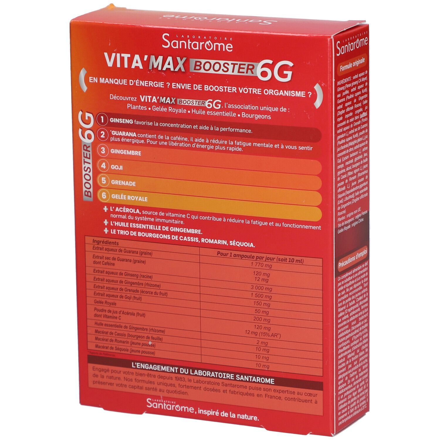 Boîte rouge Vita'Max Booster 6G. Dos avec ingrédients et dosage. Texte en français.