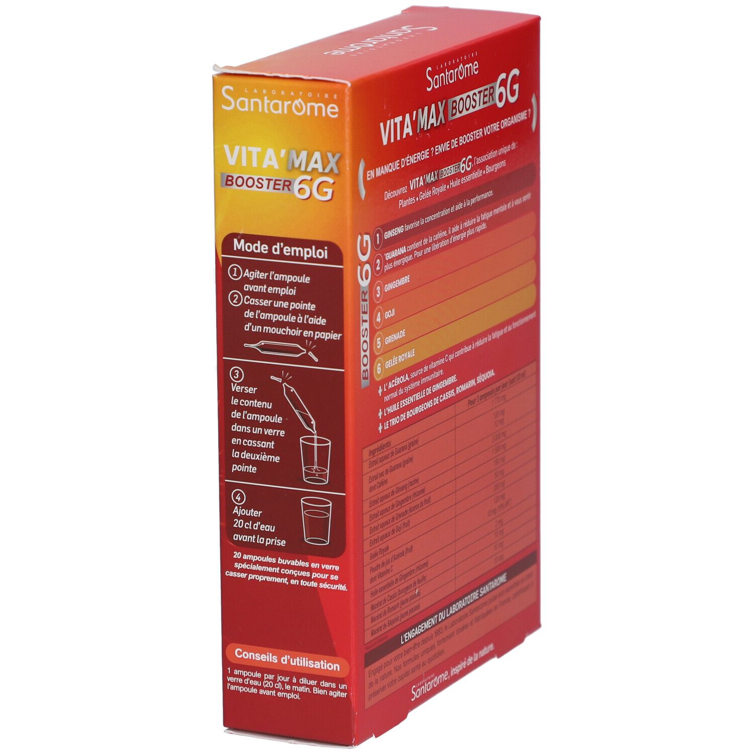 Boîte rouge Vita'Max Booster 6G. Côté avec mode d'emploi. Texte en français.