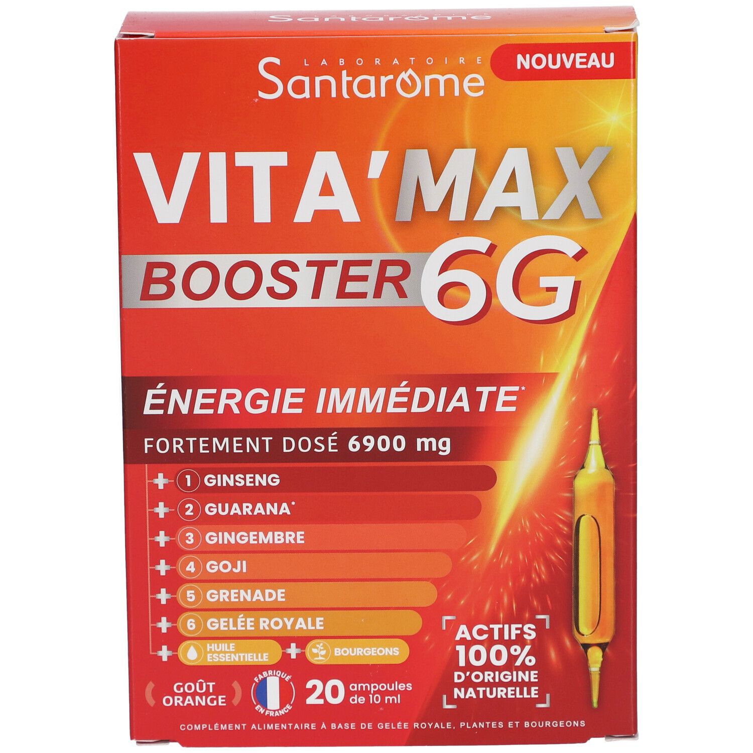 Boîte rouge Vita'Max Booster 6G. Vue de face avec nom et ingrédients. 20 ampoules.