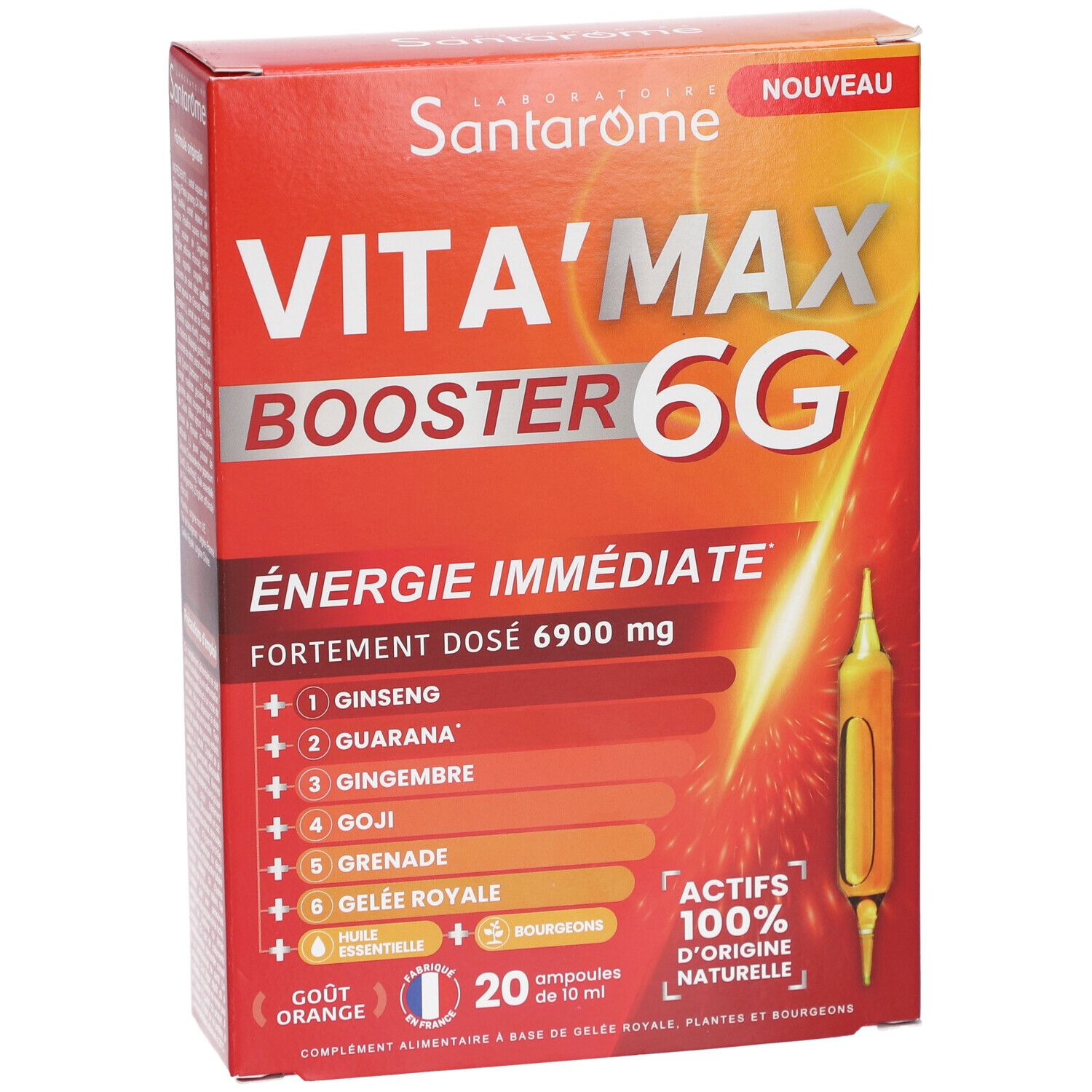 Boîte rouge Vita'Max Booster 6G. Vue de face avec nom et ingrédients. 20 ampoules.
