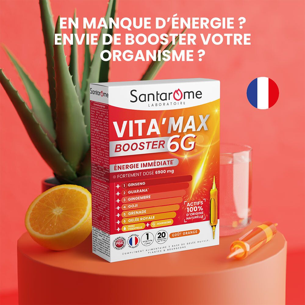 Emballage produit Santarome Vita'Max Booster 6G. Avec citron, aloe vera et verre. Drapeau français.