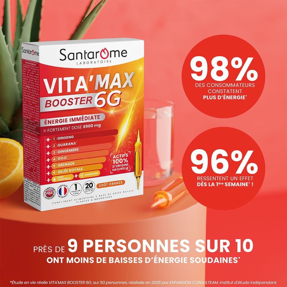 Emballage Santarome Vita'Max Booster 6G. 98% des consommateurs constatent plus d'énergie. Avec citron.
