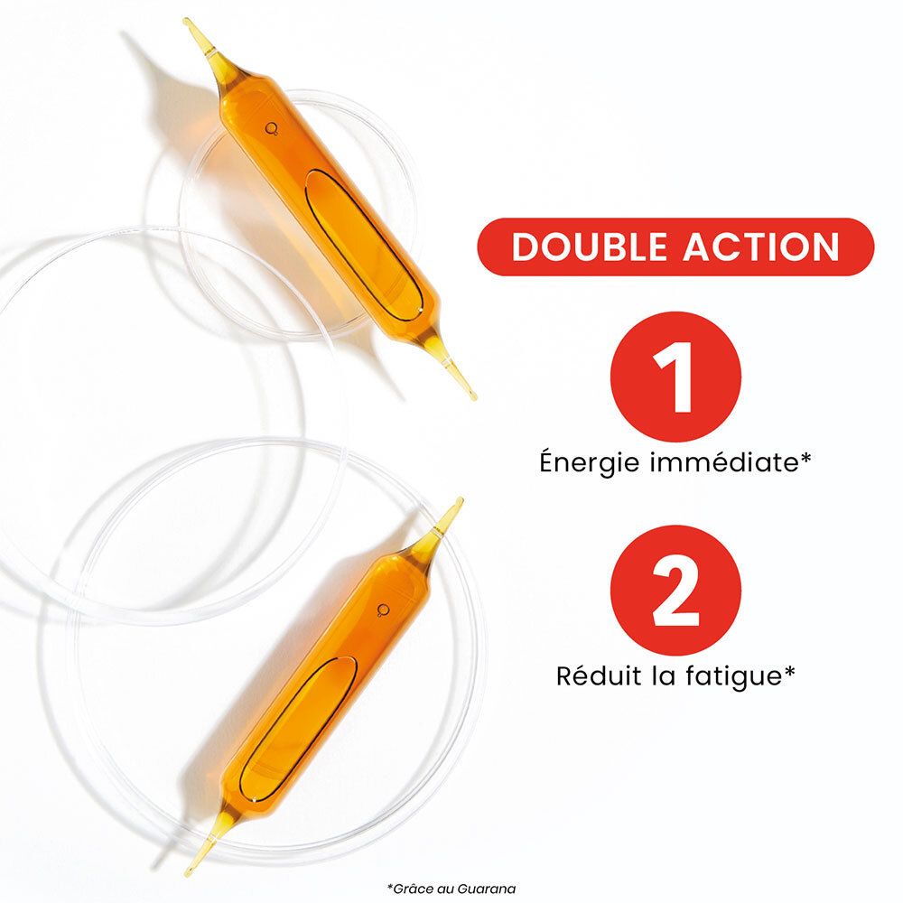 Deux ampoules de liquide jaune. Inscription : "DOUBLE ACTION". Libellés : Energie immédiate et Réduit la fatigue.