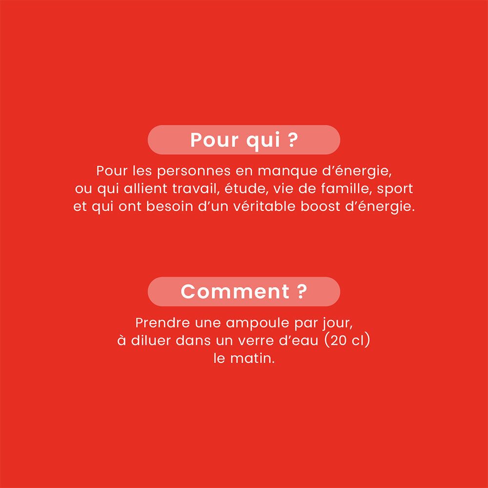 Question : Pour qui ? Réponse : Pour personnes en manque d'énergie. Question : Comment ? Une ampoule par jour.