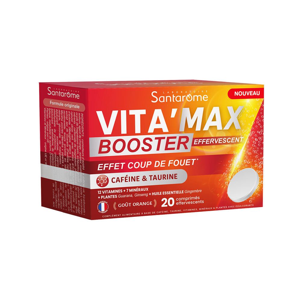 Boîte de Santarome Vita'max Brause Booster. Inscription: Vita'max Booster Effervescent. Goût orange. 20 comprimés effervescents.