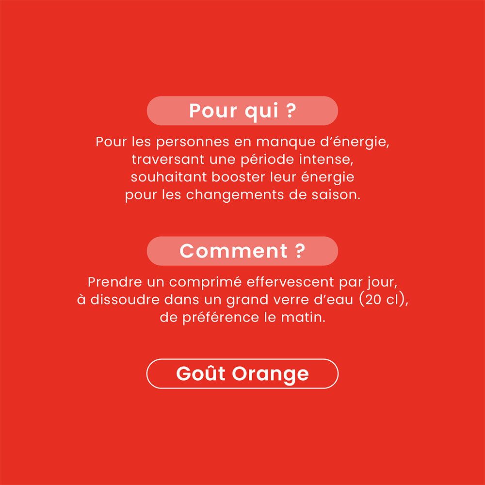 Texte sur fond rouge. Pour qui ? Pour les personnes en manque d'énergie. Comment ? 1 comprimé effervescent par jour dans l'eau.
