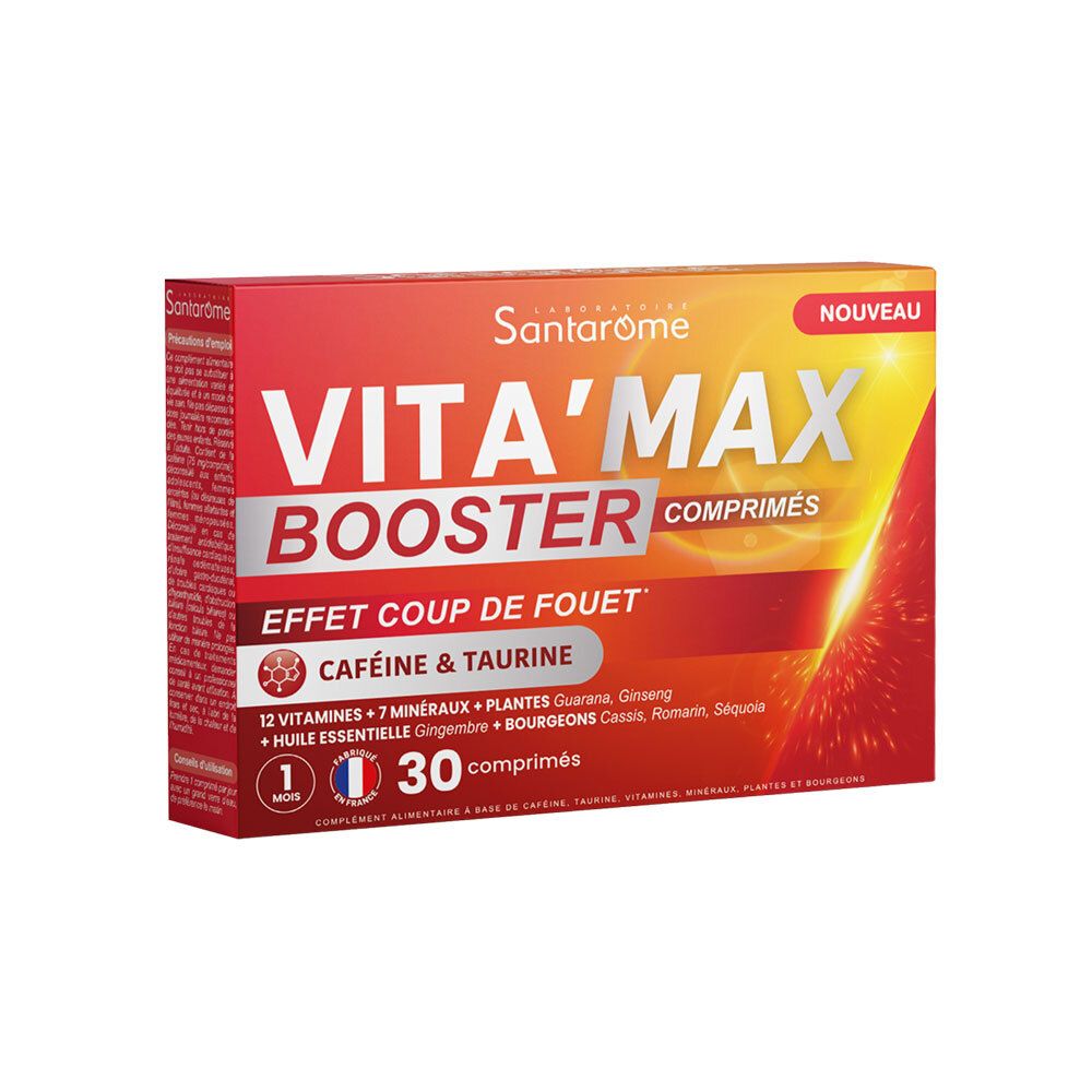 Boîte de comprimés Santarome Vita'max Booster. Contient 30 comprimés. Inscription: Caféine & Taurine. Avec vitamines et minéraux.