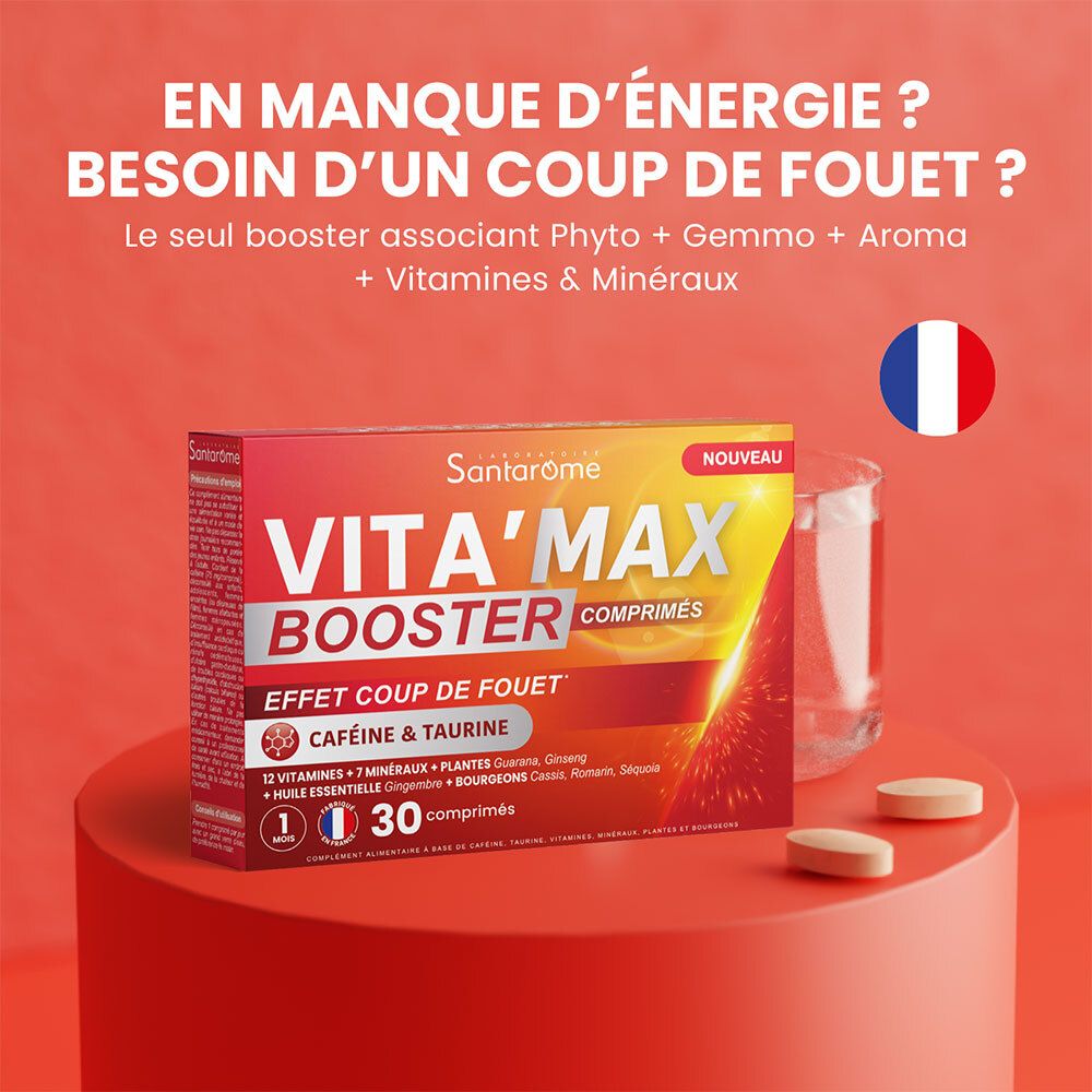Comprimés Santarome Vita'max Booster sur fond rouge. Comprimés sur une table. Inscription: Caféine & Taurine.
