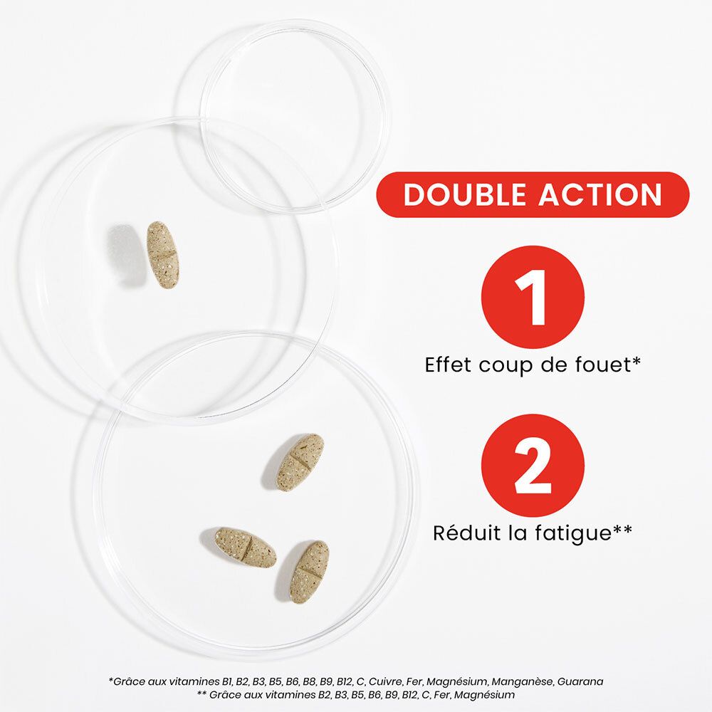 Trois comprimés sur des soucoupes transparentes. Texte: Double Action. 1. Effet coup de fouet. 2. Réduit la fatigue.