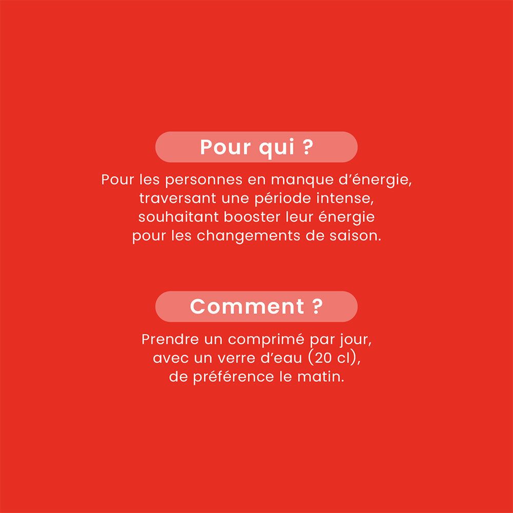 Fond rouge avec texte. Pour qui ? Pour les personnes en manque d'énergie. Comment ? 1 comprimé par jour avec de l'eau.