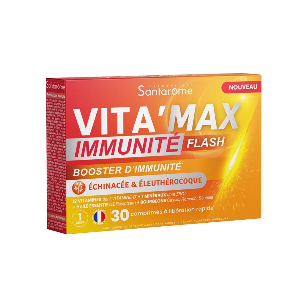 Boîte Santarome Vita'max Immunity Boost. Design orange et blanc. Contient 30 comprimés. Texte: Vita'max, Immunity Flash, Booster d'immunité.