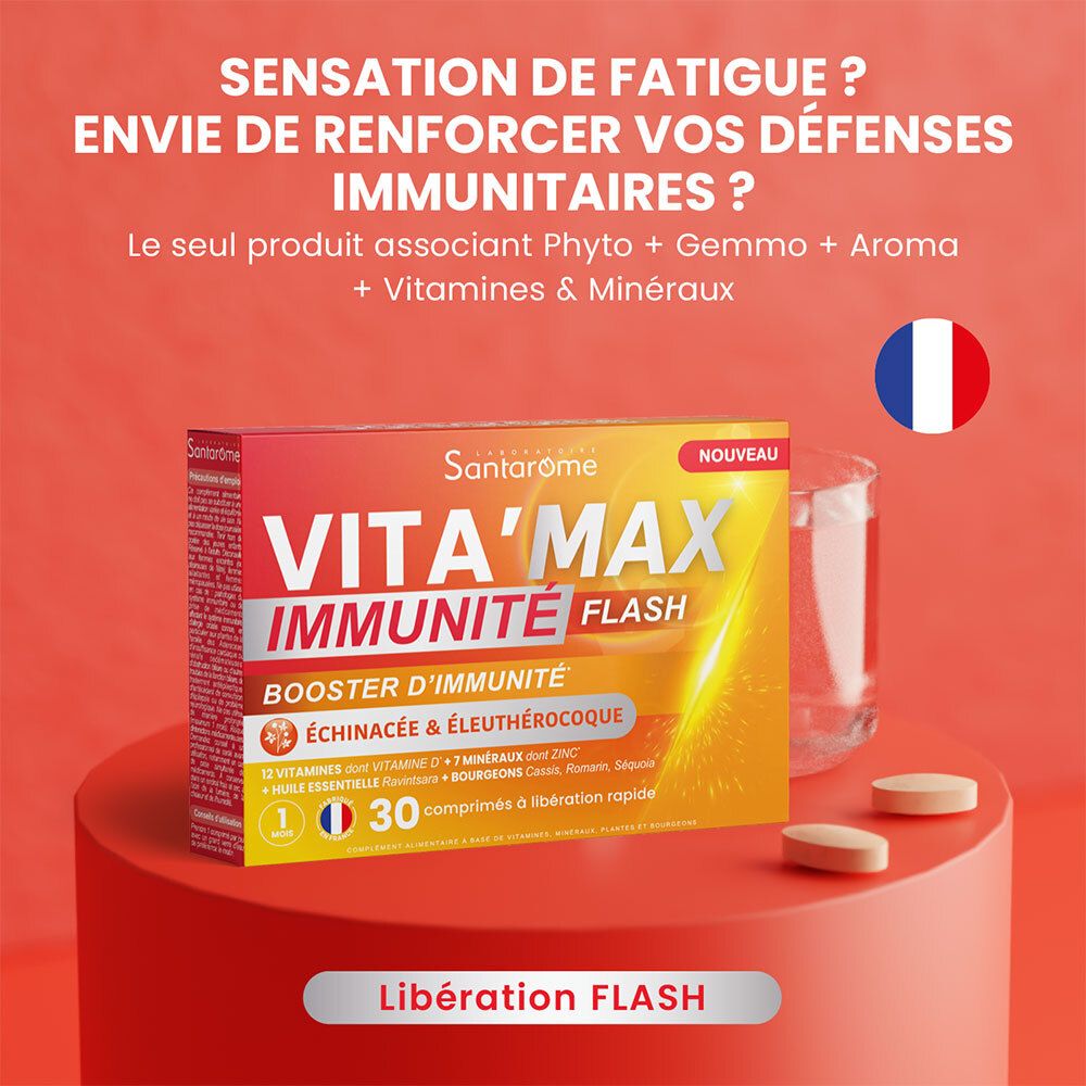 Produit et comprimés sur fond rouge. Texte: Vita'max Immunity Flash, Booster d'immunité. Drapeau français. 30 comprimés.