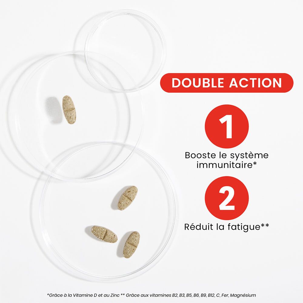 Trois comprimés sur boîtes de Pétri. Texte: Double Action. 1. Boost le système immunitaire. 2. Réduit la fatigue. Ingrédients.