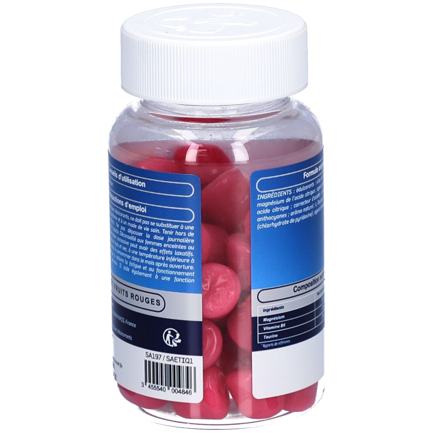 Flacon avec gommes rouges. Dos avec informations d'utilisation et ingrédients. Bouchon blanc.