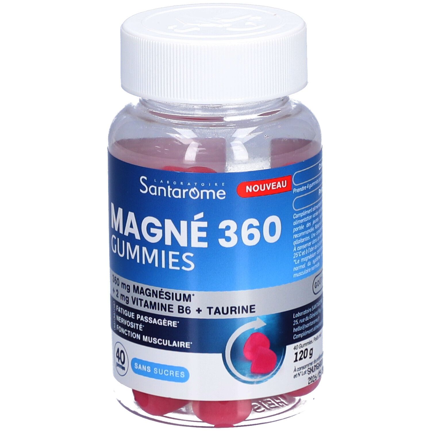 Flacon avec gommes rouges. Étiquette bleue avec nom du produit, ingrédients et poids. Bouchon blanc.