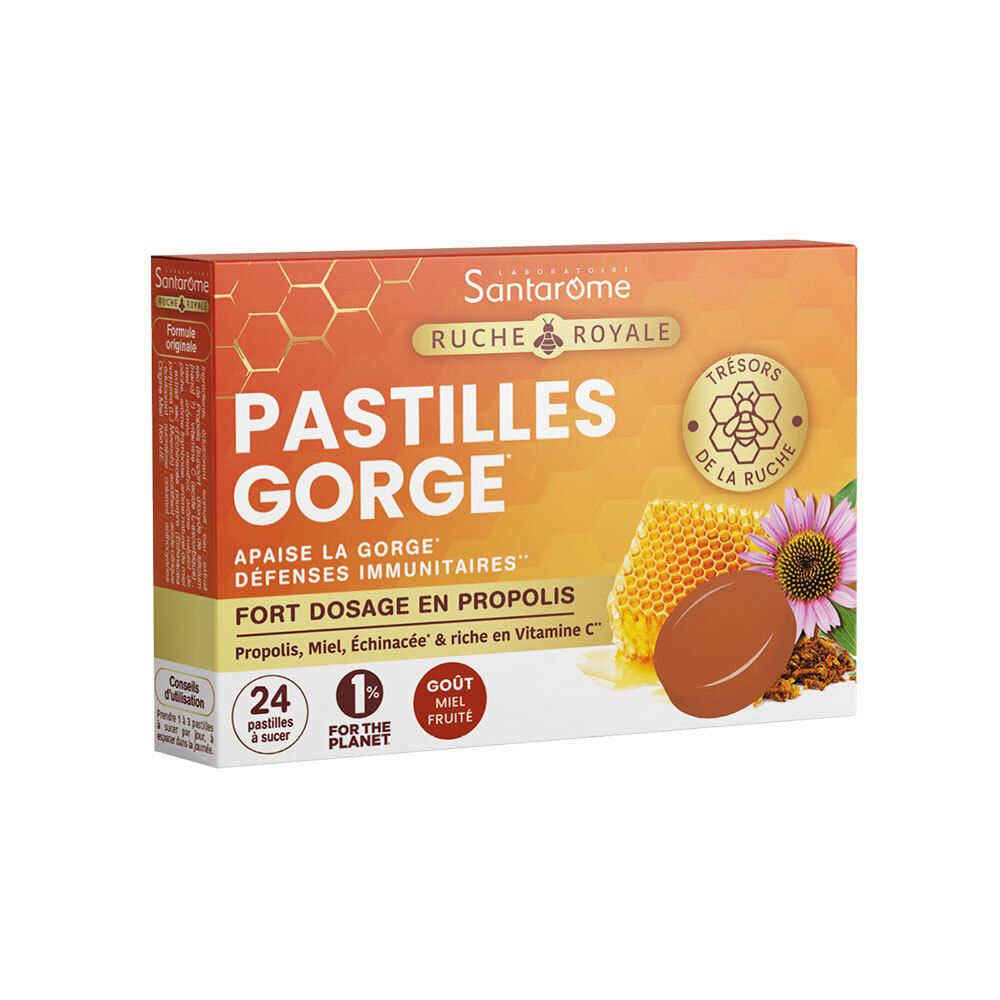 Boîte de Pastilles Gorge Santarome. Design orange, image produit, 24 pastilles. Texte: Apaisé la gorge, Défenses immunitaires.