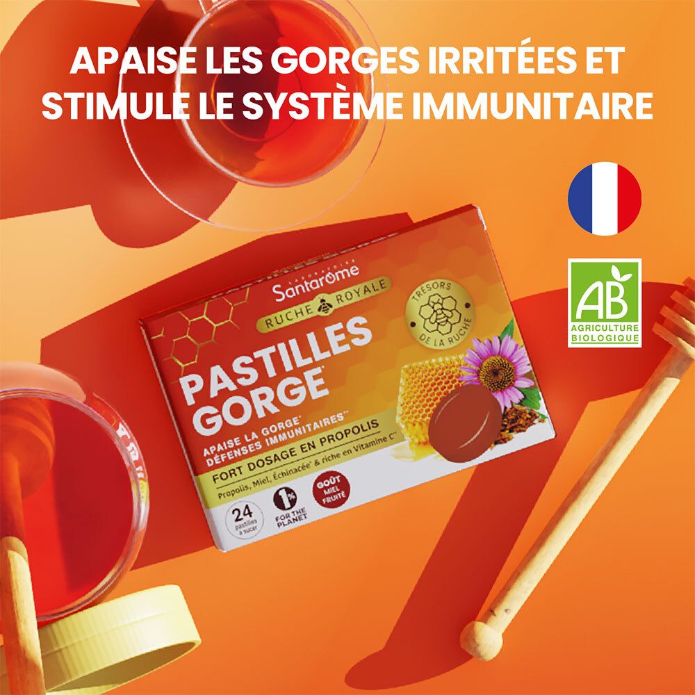 Boîte de Pastilles Gorge Santarome, nid d'abeilles, tournesol, cuillère à miel et boisson. Drapeau français et label AB.