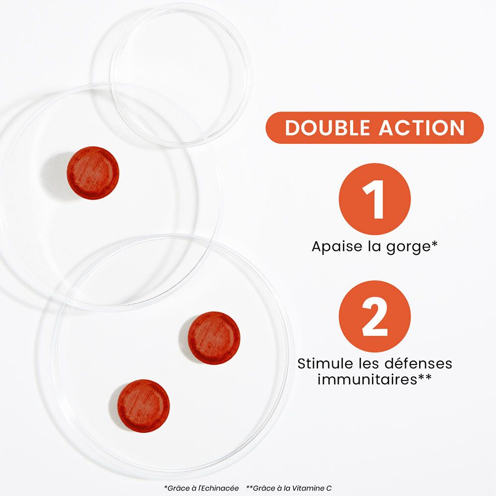 Trois pastilles dans des boîtes de Pétri. Texte : Double Action, 1. Apaise la gorge, 2. Stimule les défenses immunitaires.