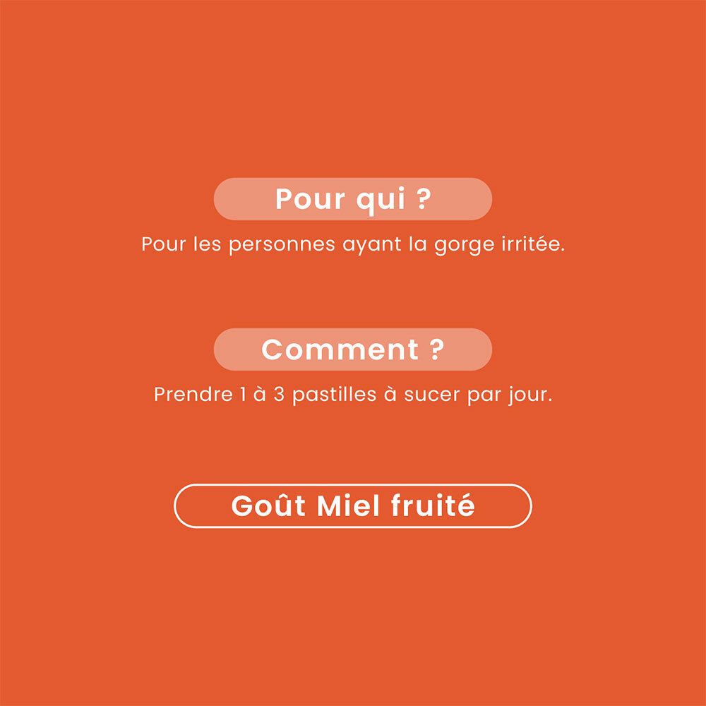 Texte sur fond orange : Pour qui ? Pour les personnes ayant la gorge irritée. Comment ? 1 à 3 pastilles par jour. Goût miel fruité.