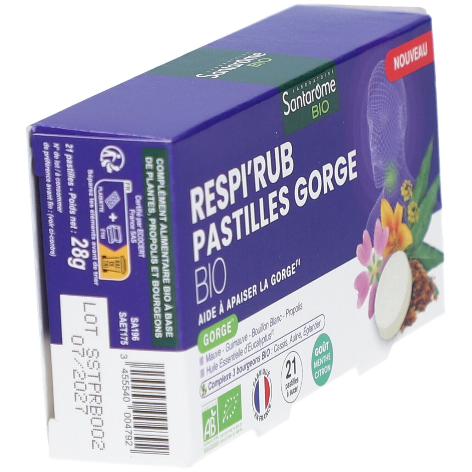 Boîte de pastilles Respi'Rub Gorge Bio. Contient 21 pastilles. Date de péremption 07/2021. Fabriqué en France.