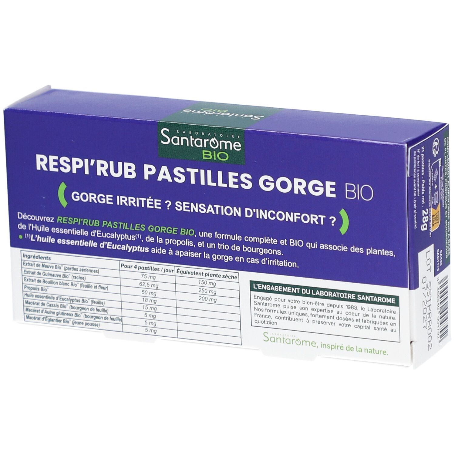 Boîte de pastilles Respi'Rub Gorge Bio. Liste des ingrédients et informations nutritionnelles.