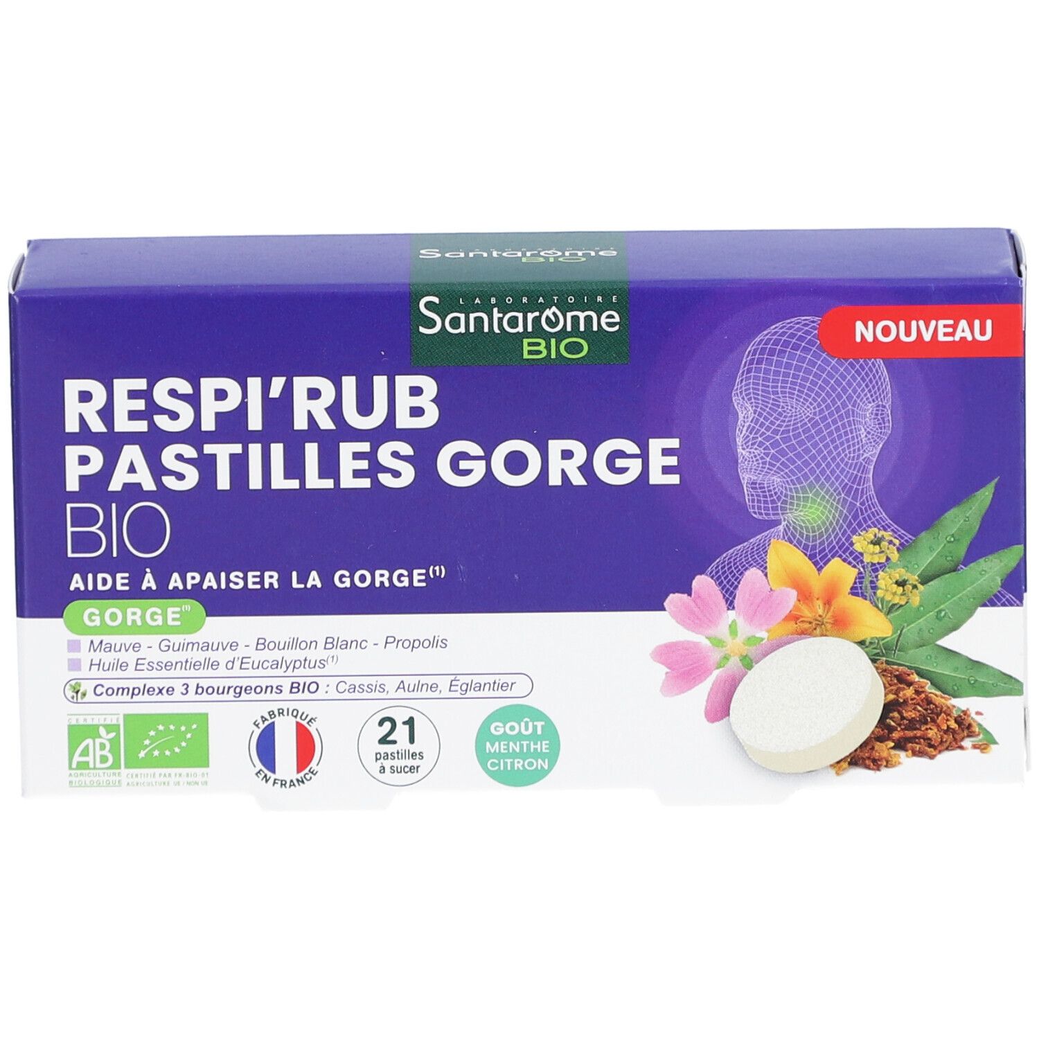 Boîte de pastilles Respi'Rub Gorge Bio. Contient 21 pastilles, goût menthe citron. Label AB. Fabriqué en France.