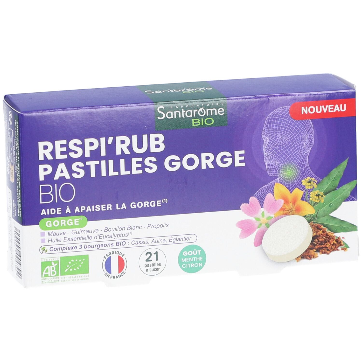Boîte de pastilles Respi'Rub Gorge Bio. Contient 21 pastilles, goût menthe citron. Label AB. Fabriqué en France.