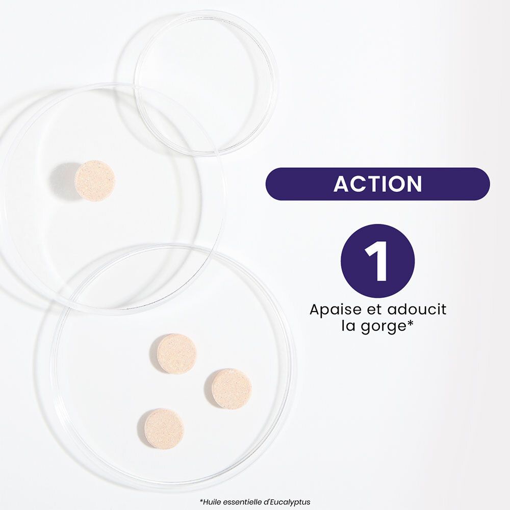 Quatre pastilles sur des boîtes de Pétri transparentes. Texte: Action 1, apaise et adoucit la gorge.