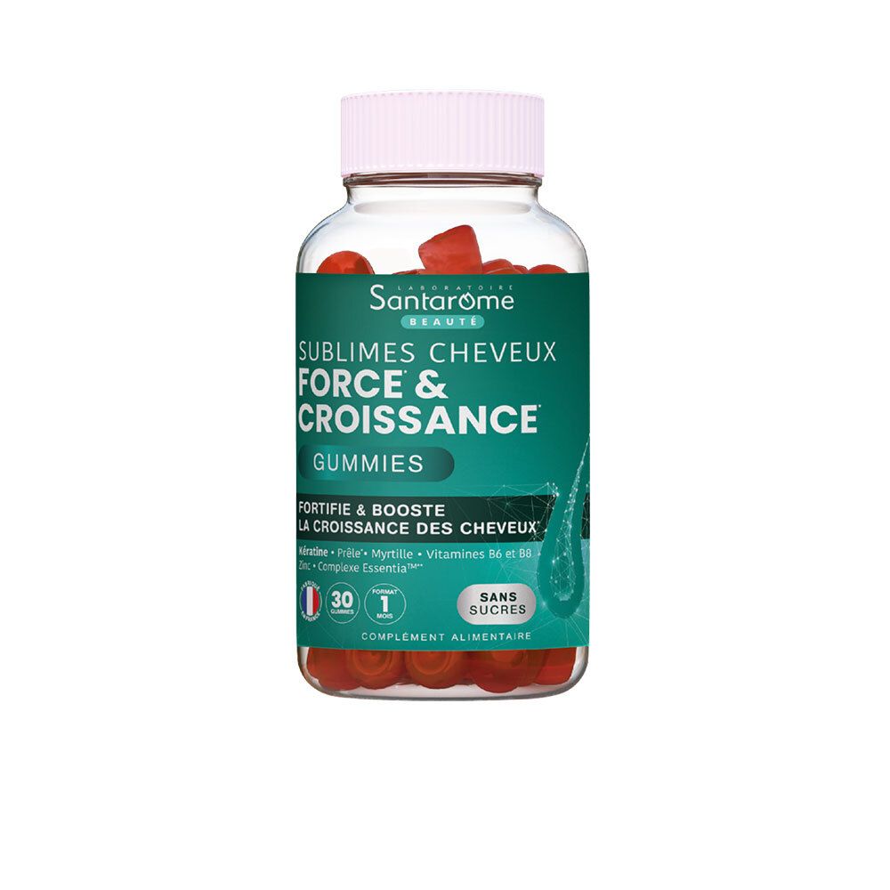 Flacon transparent avec gummies rouges. Inscription: Santarome, Sublimes Cheveux Force & Croissance Gummies. 30 unités, sans sucres.
