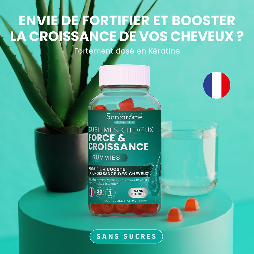 Flacon de produit avec gummies rouges. Inscription: Santarome, Sublimes Cheveux Force & Croissance Gummies. 30 unités, sans sucres. Drapeau français.