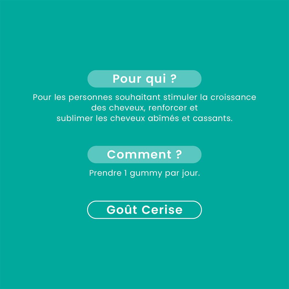 Fond turquoise avec texte: Pour qui? Comment? Goût Cerise. Texte en écriture blanche.