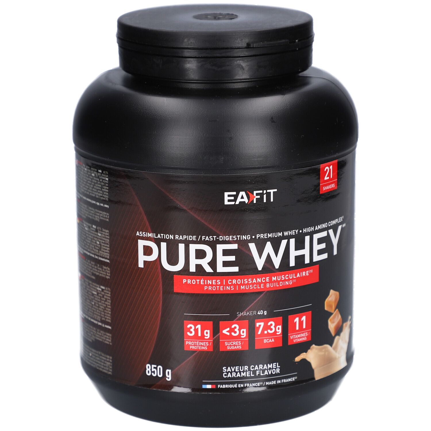 Pot noir EAFIT Pure Whey. Inscription: Pure Whey, protéines, 850g, Saveur Caramel. Illustration de morceaux de caramel.